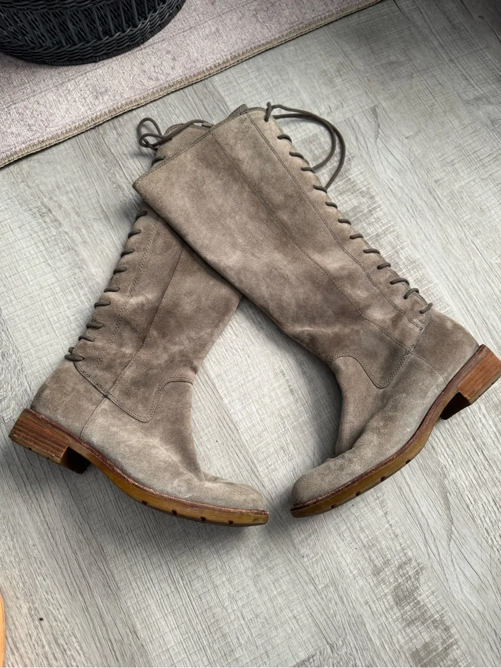 Sofft Women’s Taupe Suede Knee-High Lace-Up Boots